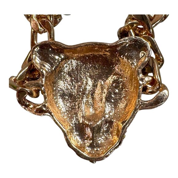 Gold-Tone Leopard Head Statement Bracelet Rhinestones & Black Enamel Detailing - Picture 9 of 10